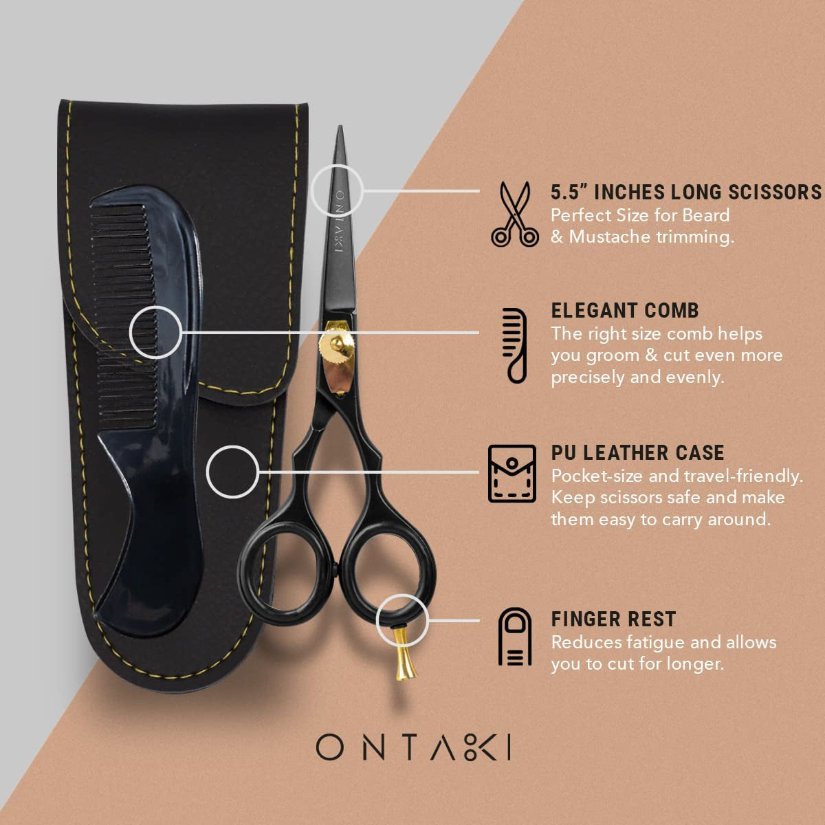 Beard & Mustache Scissors for Men - 5.5" Japanese Steel, Black - Precision Sharp Blades, Ergonomic Finger Rest & Adjustable Tension Screw for Perfect Trimming - Beard Scissors for Men